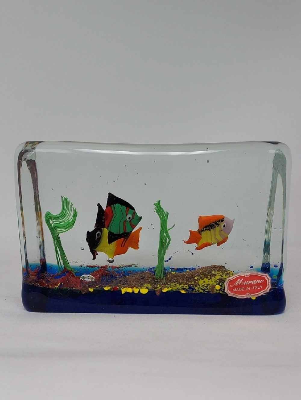 Vintage Murano Glass Aquarium Block with Blue Base and Orange, Green Fish